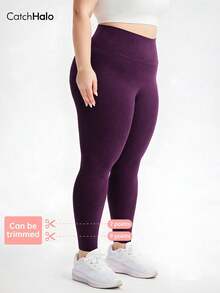 Plus Size Women's Solid Color Sports Yoga Leggings With Pockets, High Elasticity, Suitable For Running, Gym Workout - 紫色 - 查看 12