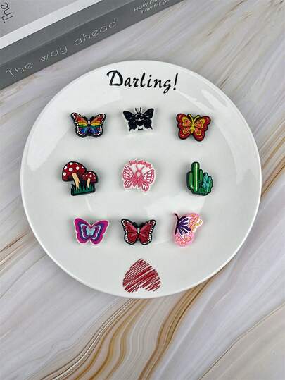 1 Set Of 9pcs Colorful Butterfly & Mushroom Cartoon Pattern Accessories For Sandals, Bracelets, Slippers, Phone Decoration, Suitable For Couples, Birthday, Holiday Gifts