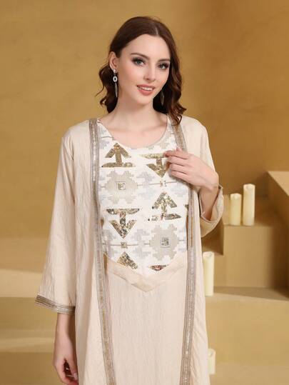 Elegant Embroidered Beaded Dress, Colorful Arabic Women's Dress JALABIA, Round Neck Long Sleeve, Ramadan Atmosphere, Soft 2026 New Style