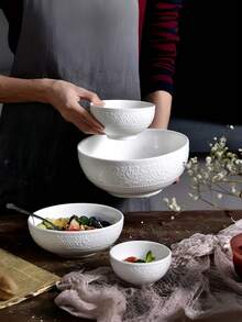 一套多尺寸白色陶瓷餐具，适用于汤碗、饭碗、面碗、下午茶甜点碗、咖啡杯、茶杯，高端陶瓷餐具套装，带浮雕纹理，可用于微波炉和烤箱，是居家、用餐和送礼的理想之选。 - 白色 - 查看 1