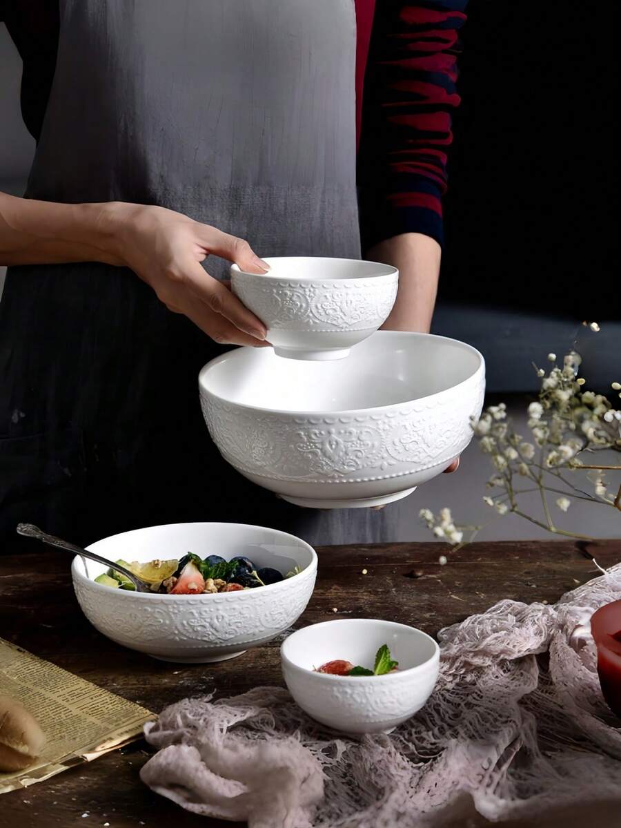 一套多尺寸白色陶瓷餐具,适用于汤碗、饭碗、面碗、下午茶甜点碗、咖啡杯、茶杯,高端陶瓷餐具套装,带浮雕纹理,可用于微波炉和烤箱,是居家、用餐和送礼的理想之选。 - 白色 - 查看 1