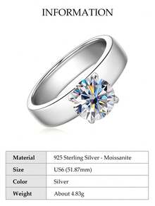 XUJIA 1枚925纯银女士订婚戒指，8毫米2克拉圆形莫桑石，四爪镶嵌，经典单钻戒指，求婚或结婚的完美之选