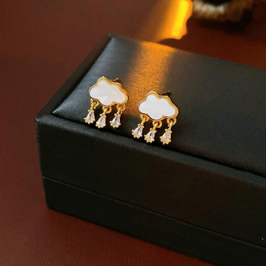 2 Pieces Of  Water Drop Mother-Of-Pearl Cloud Stud Earrings Suitable For Daily Commuting - Kim bạc - màu trắng (mạ vàng thật) - Xem 1