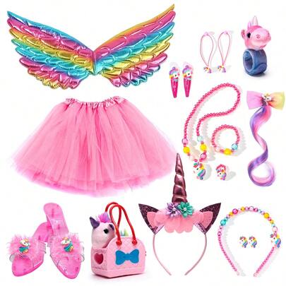 Unicorn Girl Costume Set, Doll Handbag, Colorful Wig Hair Clips, Princess Dress, Ballet Skirt, Mini Skirt, Princess Outfit, Hair Accessories, Children's Role-Playing Costumes For Holidays, Birthdays, Parties, And Christmas