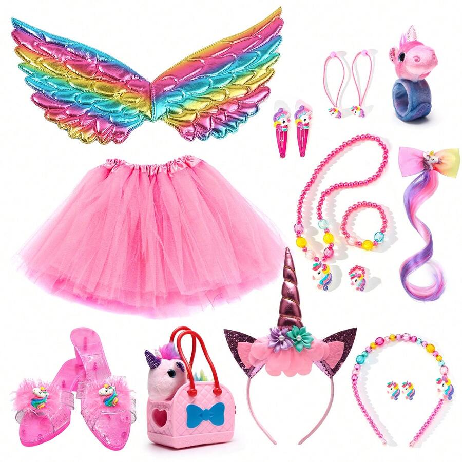 Conjunto de disfraz de niña unicornio, bolso de muñeca, clips para el cabello con peluca colorida, vestido de princesa, falda de ballet, mini falda, conjunto de princesa, accesorios para el cabello, disfraces de juego de roles para niños para fiestas, cumpleaños y Navidad - Multicolor - Ver 1