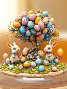2D Flat 1pc, Bohemian Style Acrylic Easter Egg Tree With Rabbit Decor, Romantic Theme, Multipurpose Art Home And Cafe Tabletop Decor, No Text
