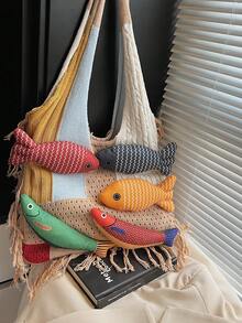 1pc Colorblock Fish Print Large Capacity Shoulder Tote Bag, Fashionable Crochet Boho Style Beach Vacation Everyday Bag For Women,Straw Bag - Khaki - View 5