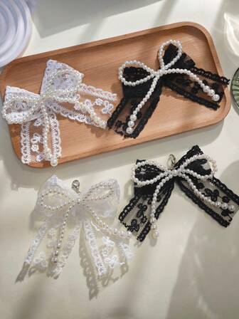 1 pieza Decoración de lazo con encaje y perlas falsas, adecuado para decorar zapatos, ropa, bolsos