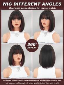AKAKO Tóc giả ngắn màu đen có mái, dài 12 inch, kiểu tóc bob thẳng cho nữ, màu đen pha nâu đỏ, sợi tổng hợp mềm mại, chịu nhiệt, nhiều màu sắc, kiểu tóc hóa trang anime, thích hợp cho mặc hàng ngày và các dịp lễ hội, lễ hội âm nhạc, cosplay, phụ kiện dự tiệc, phong cách đường phố Y2K cá tính và Gothic. - Đánh dấu màu đỏ - Xem 5