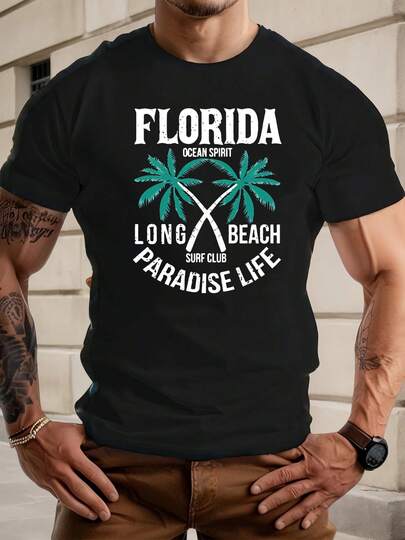 Chemise d'homme avec motif surf de Floride - Chemise d'été décontractée à manches courtes et col rond avec design de palmier et de vague. Vert vif. Coupe régulière pour les voyages à la plage ; streetwear. Vêtements de plage. Streetwear confortable.