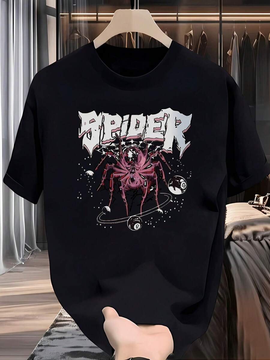 Camiseta de manga corta con estampado gráfico de araña negra para hombres - Rosa intenso; Diseño blanco. Camiseta casual de cuello redondo% poliéster para el verano. Playa. Viajes; Fiestas. Atuendo de. Camisa de Declaración Construcción duradera. Top Elegante. Armario de Verano - Negro - Ver 1