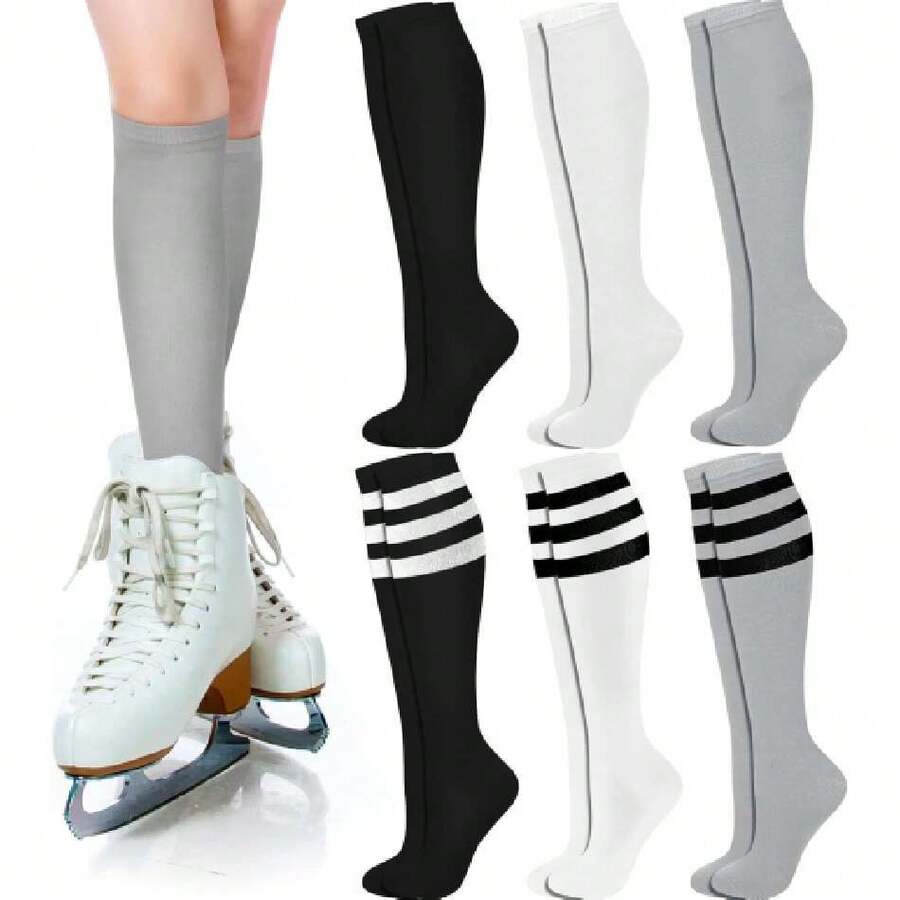 6 Pair Rainbow Knee High Socks Women Colorful Striped Socks Ice Skating Soccer Stockings For Halloween Costume,36065655 - 無色 - 查看 1