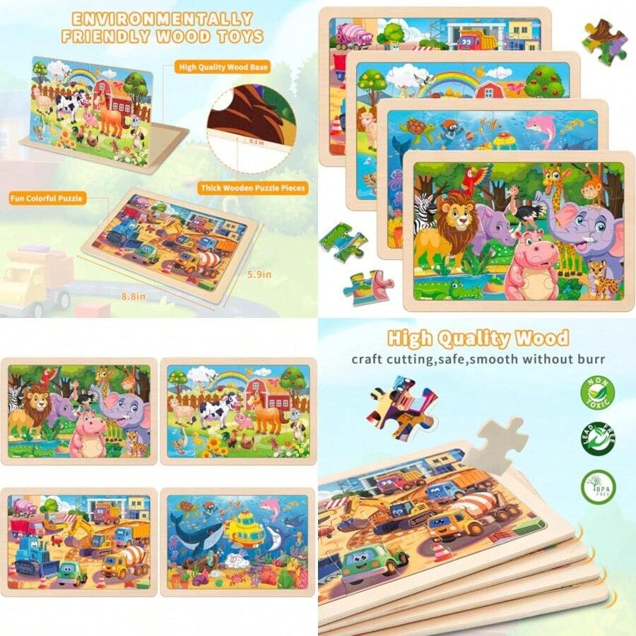 Wooden Puzzles For Ages 4-6 4 Packs 24 PCs Jigsaw Puzzles Preschool Educational Toys Gifts For Ages 3-8 Puzzle For 3+ Year Olds Boys GirlsStrengthening Concentration And Logical Thinking - 彩色 - 查看 1