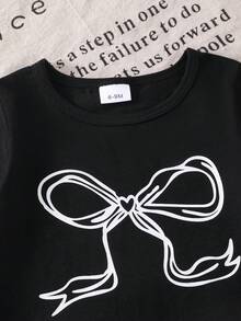 Baby Girl Bow Print Black Short Sleeve T-Shirt Top And 3D Bow Lace Trim Denim Shorts Set - Black - View 5