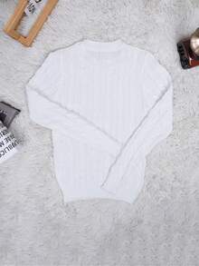 Damski, lekki, dopasowany sweter z okrągłym dekoltem i długim rękawem, skrócony, z dzianiny Twist, w kolorze białym, podstawowy sweter na jesień i zimę, do noszenia na co dzień - Biały - Zobacz 2