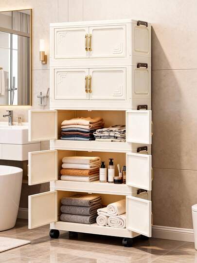 1pc (50cm/19.69in) Wide Folding Storage Cabinet, Clothes Closet Storage Box, Portable Wardrobe, Double Door Folding Box, 1-6 Layers Optional, Thickened Double Door With Wheels Storage Cabinet, Free Installation Home Organizer, Plastic Folding Storage Cabinet For Clothes And Toys