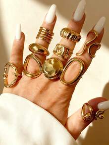 15/14/12/10/4/3pcs Vintage Exaggerated Luxurious Geometric Circle Wide Design Women Metal Gold Bangle And Gold Ring Set, Suitable For Daily Wear And Party/Holiday - Gold - View 13