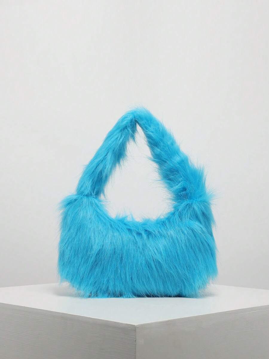 纯色毛绒糖果色手提包，圣诞包，女士礼物，情人节礼物，秋冬礼物，Y2K风格，个性化，可爱，日常，购物，约会 - 藍色 - 查看 1