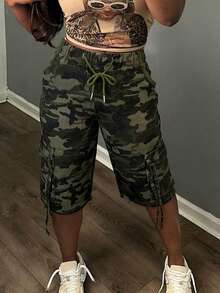 New Best-Selling Summer Denim Cropped Pants, Drawstring Strap Camouflage Women's Denim Slacks, Casual Everyday Joker Shopping, Avant-Garde Neutral. - Quân xanh - Xem 1
