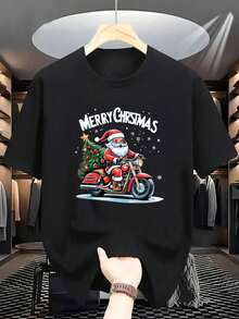 Men'S & Women'S White Christmas Santa Claus Motorcycle T-Shirt - Santa On Red Motorcycle With Merry Christmas Print, Casual Round Neck Short Sleeve Tee For Holiday - màu đen - Xem 17