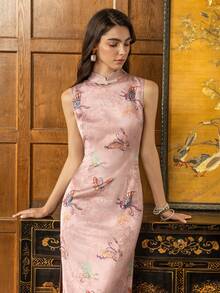 Faeriesty Cheongsam Chinês de Luxo Novo: Vestido Sem Mangas com Fenda Alta e Bordado de Borboleta. Perfeito para Galas, Casamentos & Eventos de Tapete Vermelho. - Rosa chiclete - Visão 6
