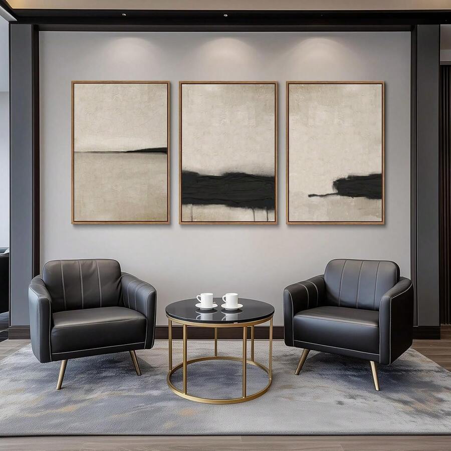 三件套，现代简约帆布墙画，米色和黑色纹理抽象画，无框，艺术装饰，经典现代风格，室内外皆宜，春夏季节适用，帆布墨水，竖幅，适用于家庭办公室、浴室、客厅、卧室、餐厅 - 彩色 - 查看 1