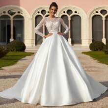 Elegant Classic Lace Applique Long Sleeves A Line Satin Formal Wedding Dress,Registry Office Dresses Engagement Bridal Gown,Evening Party Dress Birthday Party Dress Country Wedding,Romantic Church Ceremony Wedding Dress,Suitable For Wedding,Dating,Party,Singles' Party,Vacation,Formal Occasions,Dinner Dress,Prom Dress,Homecoming Dess,Cocktail Party,Wedding Guest Dress,Graduation - 白色 - 查看 4