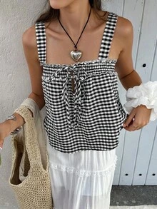Doriss 女士纯色格纹麻花吊带背心休闲款 - 黑與白 - 查看 4