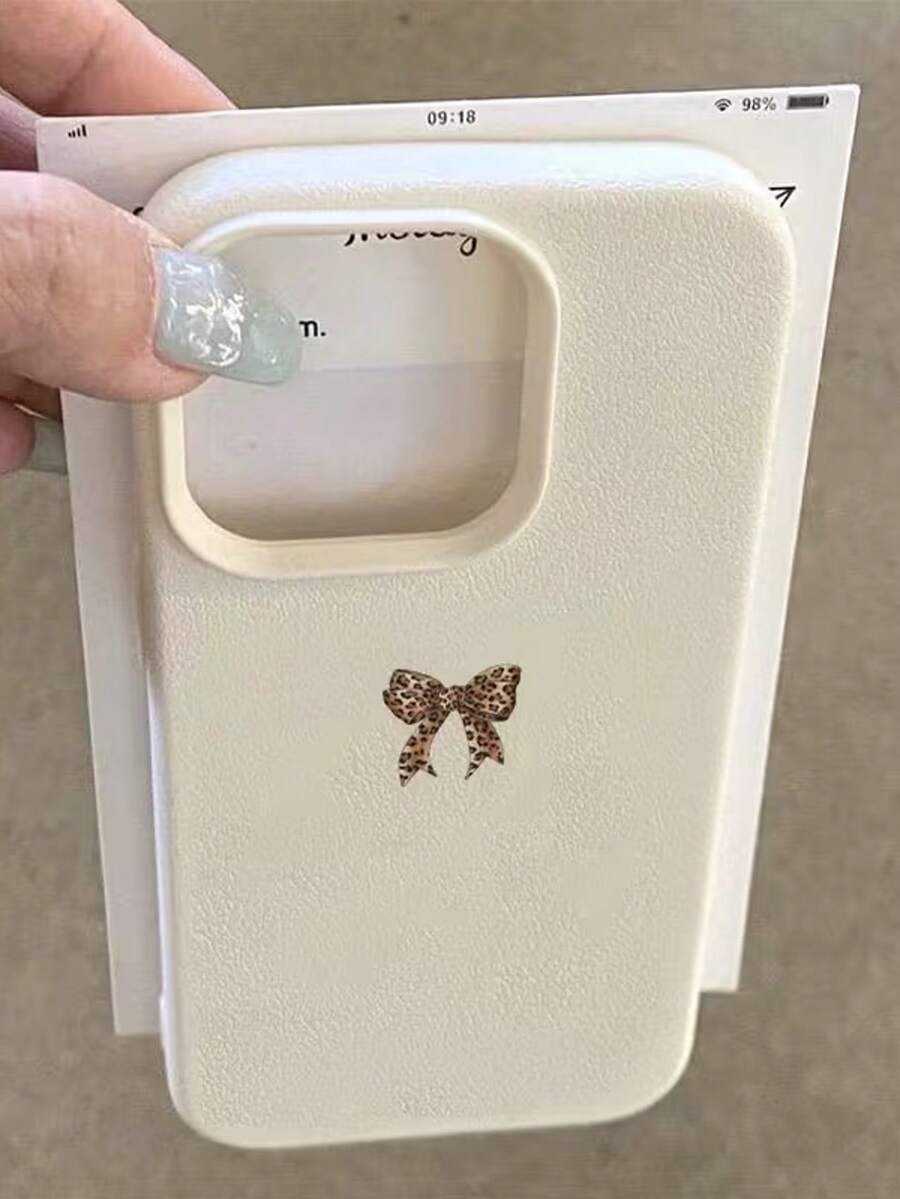 1个白色哑光质感粉色豹纹蝴蝶结装饰手机壳，简约设计，兼容苹果16 Pro Max、15、14 Plus、13、12、11 - 彩色 - 查看 1