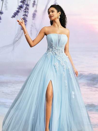 VIPGIRL 优雅浅蓝色无肩带长款薄纱晚礼服，花卉贴花高开衩舞会礼服，女士正式晚礼服，梦幻公主舞会礼服，浪漫A字型正式礼服