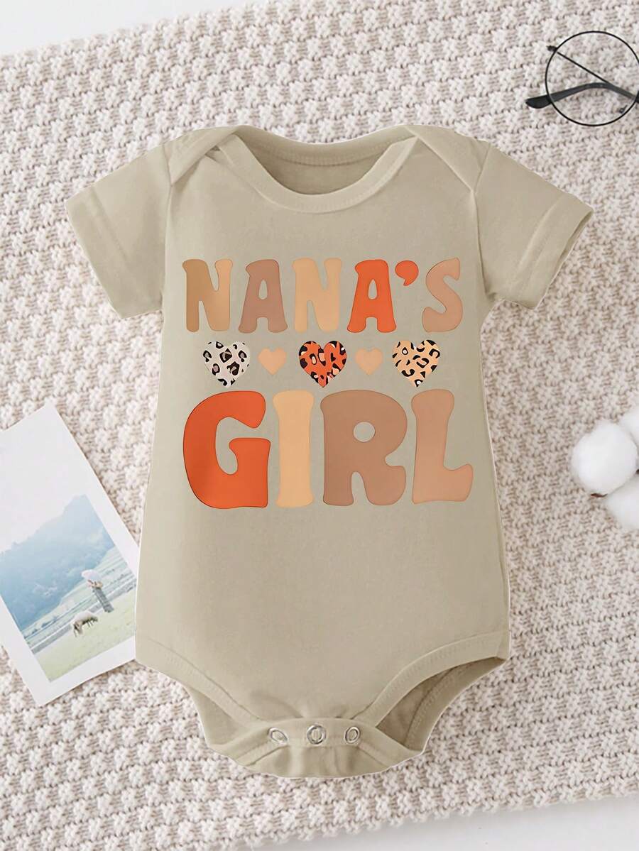 NANA's GIRL Pattern Print, Suitable For Toddlers' Crawling Clothes, Soft And Comfortable Short-Sleeved T-Shirt, Perfect For Daily Casual And Comfortable Matching, Multiple Colors Available - Màu be - Xem 1
