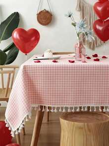 1/20pcs Cute Casual Fringed Plaid Tablecloth, Skin-Friendly Absorbent Reusable, Suitable For Valentine's Day Picnic, Party, Decoration For Living Room, Dining Room, Home Daily Use