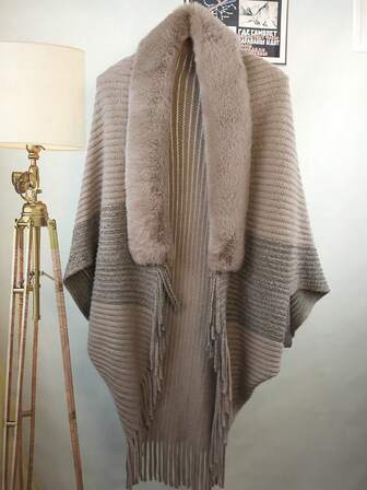 1pc Hooded Poncho With Wide Fur Collar, Warm Fringed Knit Cardigan, Luxury Fluffy Shawl For Women