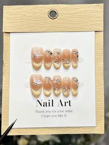 10 unhas postiças artesanais em formato oval/caixão, tamanho médio/curto, rosa suave, dourado brilhante com efeito olho de gato, adesivo de unha com borboleta, pequenas pedras de unha incrustadas, unhas elegantes e luxuosas para o outono, unhas postiças versáteis para fazer você mesma, perfeitas para festas, uso diário, encontros, praia e viagens tropicais. Reutilizáveis e ideais para presentear mulheres e meninas. Suprimentos para unhas. - Rosa - Ver 4