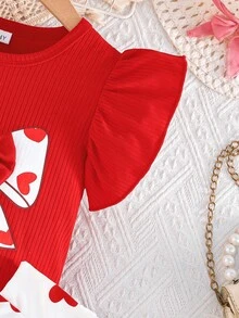 两件套可爱女童夏季套装：荷叶边袖蝴蝶结装饰上衣和百褶裙，优雅女童服装套装 - 紅色 - 查看 4