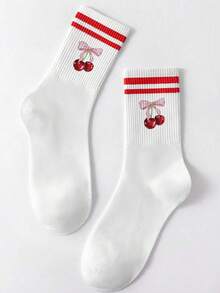 1 Pair Color Ladies' Style Red Cherry Green Leaf Pattern / Cherry Leopard Pattern Bow And Other Pattern Ladies' Socks, White Double-Striped Socks, Loose Fit, Suitable For Both Men And Women, Invisible Socks, Sweat-Absorbing, Breathable And Quick-Drying, Sporty And Casual Style, Suitable For Daily Wear / As A Party Gift / Easter / Holiday Gift / Summer Style. - Multicolor - View 8