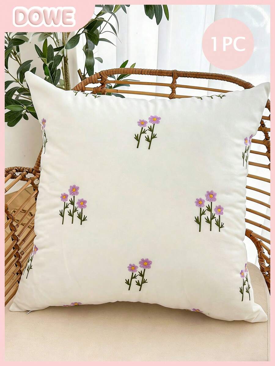 1pc Embroidered Pillow Cover, 100% Polyester, Zipper Closure, No Filling, Suitable For Living Room, Bedroom And Dining Room Decor - Multicolor - View 1