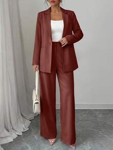 Women's Spring Fall  Two Piece Outfits Dressy Blazer Jacket Wide Leg Pants   Business Casual Office Work Suit Sets Western Outfits For Women - 棕紅色 - 查看 4
