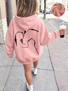 Girls' Cotton Lined Drop Shoulder Comfortable Versatile Zip-Up Hoodie, Gray/Pink Fleece Lining Minimalist Oversized Hoodie, Slim Fit Streetwear Style, Collegiate Vibe, Soft Drape, New Long Sleeve Sweatshirt Collection - Pink - View 1