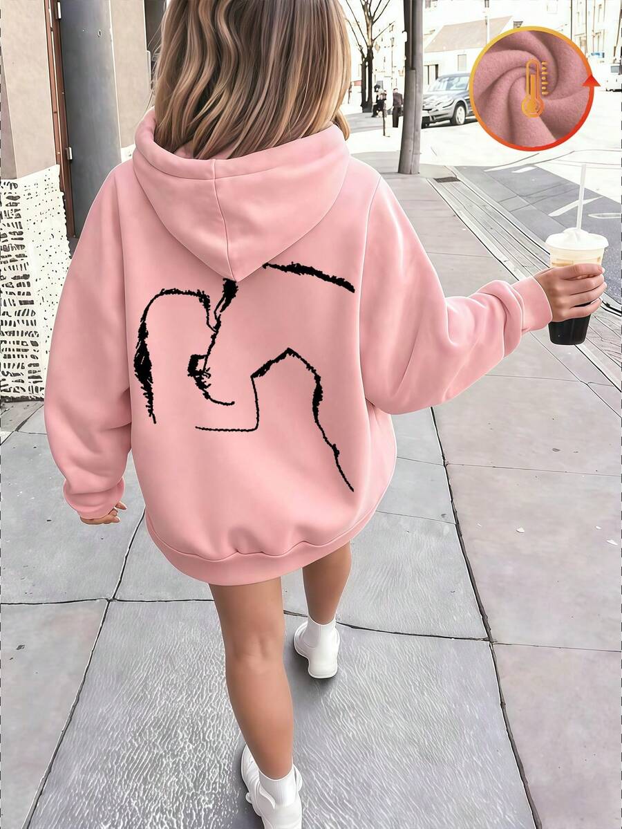 Girls' Cotton Lined Drop Shoulder Comfortable Versatile Zip-Up Hoodie, Gray/Pink Fleece Lining Minimalist Oversized Hoodie, Slim Fit Streetwear Style, Collegiate Vibe, Soft Drape, New Long Sleeve Sweatshirt Collection - Pink - View 1