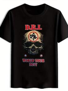 Chemise graphique de groupe de rock vintage pour hommes - Imprimé tête de mort et os croisés avec design de tournée mondiale 2017. Chemise d'été à manches courtes et col rond noire pour les concerts, festivals, la plage ; porter casual. Chemises de groupe de rock. - Noir - Voir 1