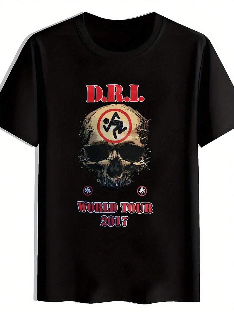 Chemise graphique de groupe de rock vintage pour hommes - Imprimé tête de mort et os croisés avec design de tournée mondiale 2017. Chemise d'été à manches courtes et col rond noire pour les concerts, festivals, la plage ; porter casual. Chemises de groupe de rock. - Noir - Voir 1