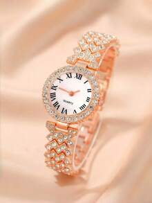 2 piezas Reloj de mujer de moda casual con esfera de números romanos y diamantes completos, con set de accesorios de joyería que incluye pulsera con strass, regalo de fiesta, boda, playa, vacaciones o San Valentín