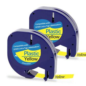 2包12毫米（0.47英寸）标签，兼容DYMO LetraTag 91332、91331、91330标签盒，黑色底黄色塑料标签，12毫米 x 4米（1/2英寸 x 13英尺），兼容标签打印机LT100H、LT100T、LT110T、QX50