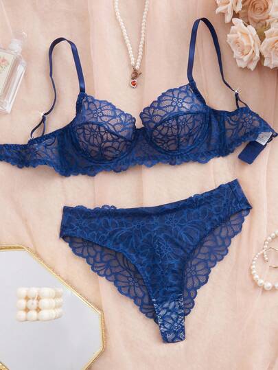 Style Dream 2pcs Valentine's Day Women Sexy Lingerie Set, Blue Lace Floral Bra With Adjustable Straps, Sensual Bra, Valentine's Day Gift