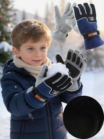 1 Pair Boy's Thermal Winter Gloves Full Finger Coverage With Adjustable Wrist - Cold Weather Outdoor Sports, Cycling, Riding, Work Gloves - One Size Fits Most Hands