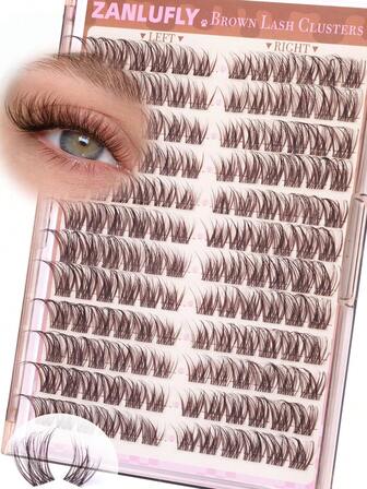 144pcs Brown DIY Eyelashes, Transparent Band, Cartoon Natural Thick Fluffy 10-16mm Cat Eye D Curl, Suitable For Beginners