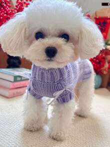 1 pieza Sudadera con estampado de cisne morado con falda de lazo de fresa, Sudadera de invierno/otoño para perros y gatos pequeños, Ropa de mascota cálida con capucha - Morado - Ver 6