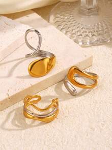 3件套优雅不锈钢18K镀金时尚几何不对称线条水滴戒指套装，适合女性日常、度假、购物、派对、约会、休闲场合佩戴 - 彩色 - 查看 5