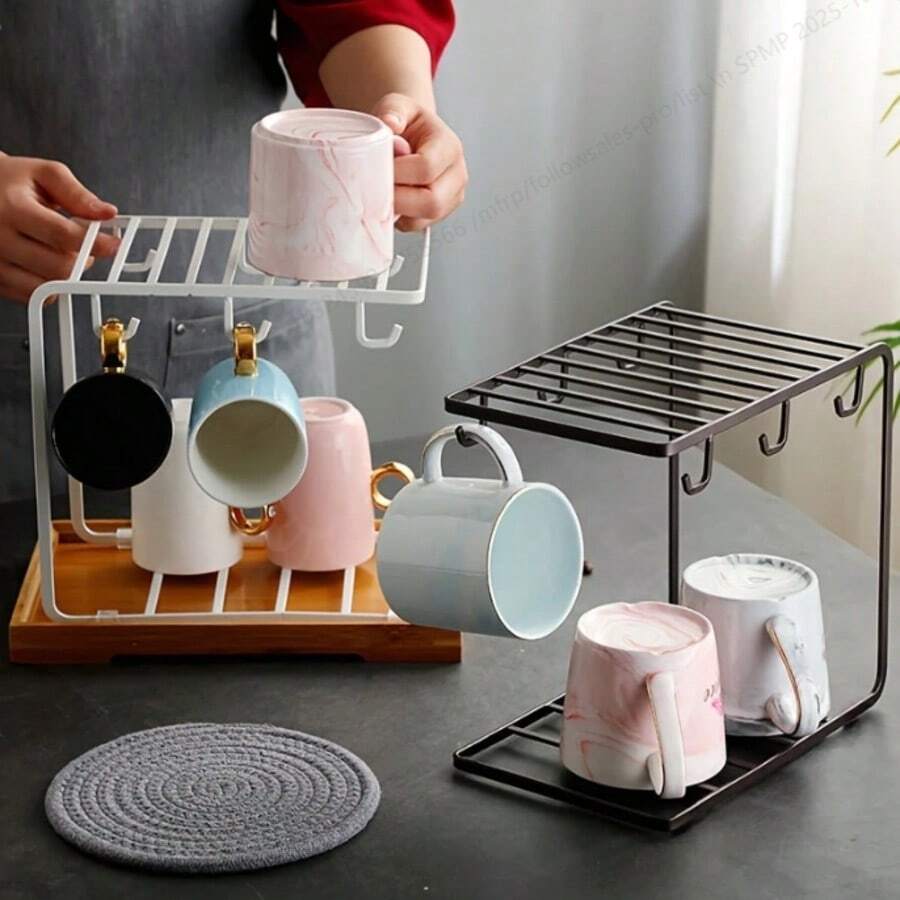 9.5 X 9.1 Inch Metal Mug Rack Stand With 6 Hooks, Coffee Cup Display Holder Organizer For Kitchen Cabinet - Brown